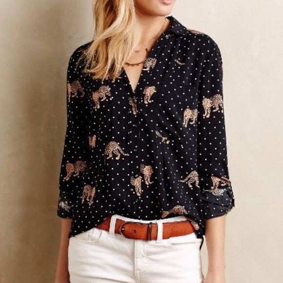 Anthropologie Maeve Casia Leopard Polka Dot Button Down Top Size 4 - Picture 1 of 5